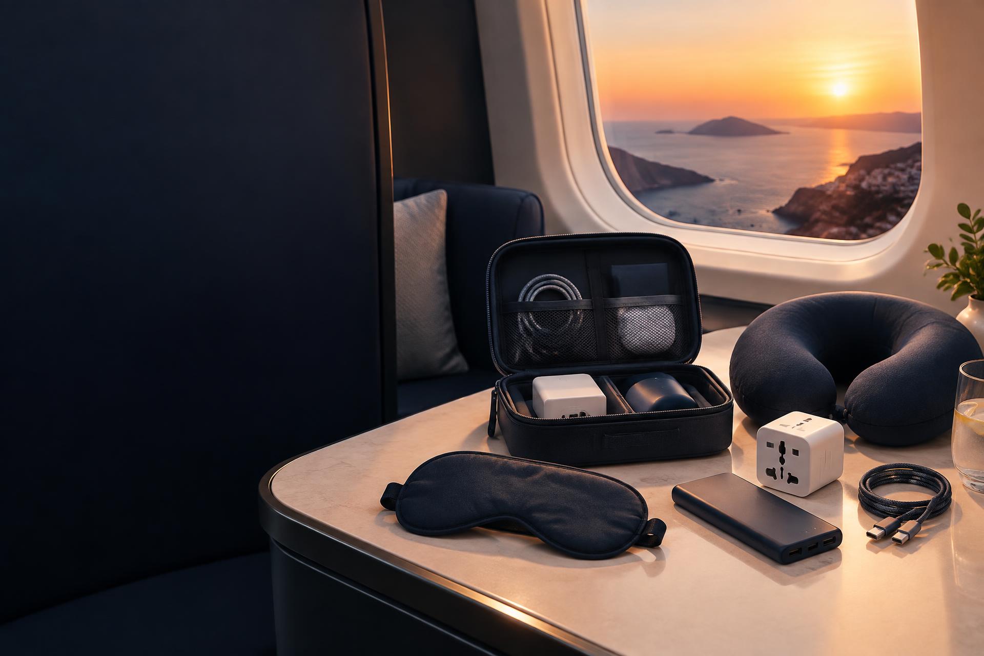 Pochette de voyage Nomade Travel près d’un hublot au coucher du soleil